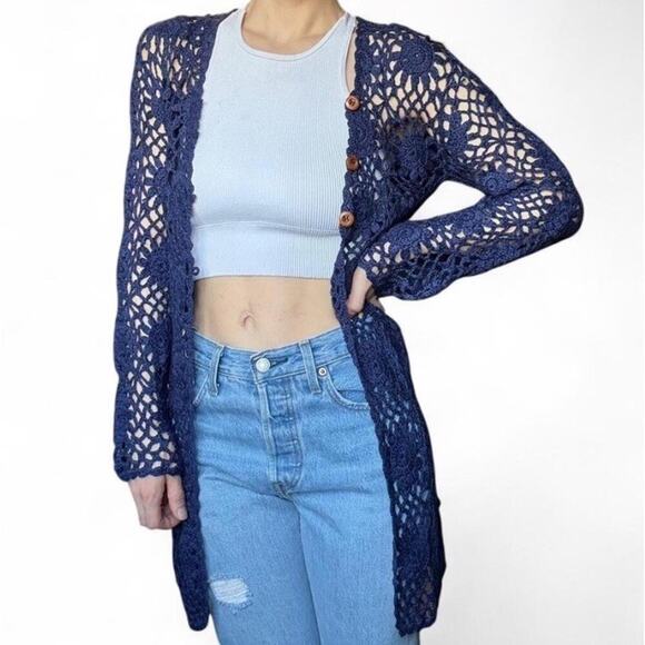 NWT Lulus Navy Blue Crochet Beach Swim Cover Up Cardigan Size XS - Picture 2 of 5